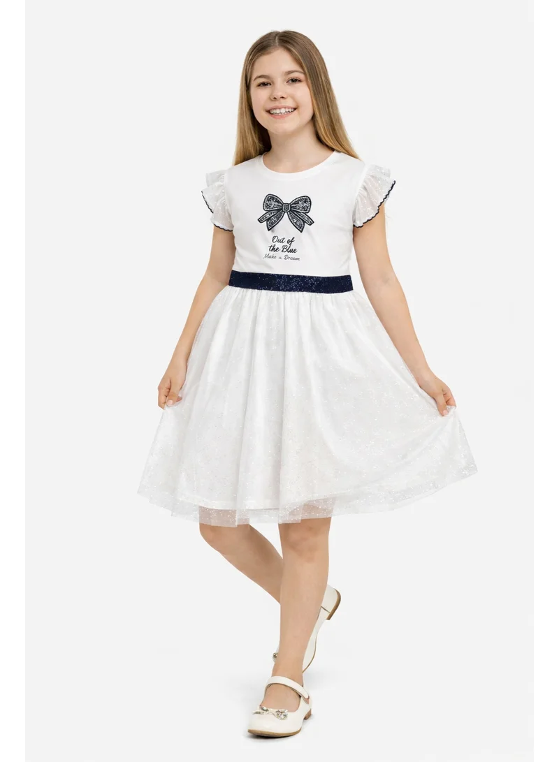 victor and jane Girls Bow Detail Tulle Dress – White & Navy